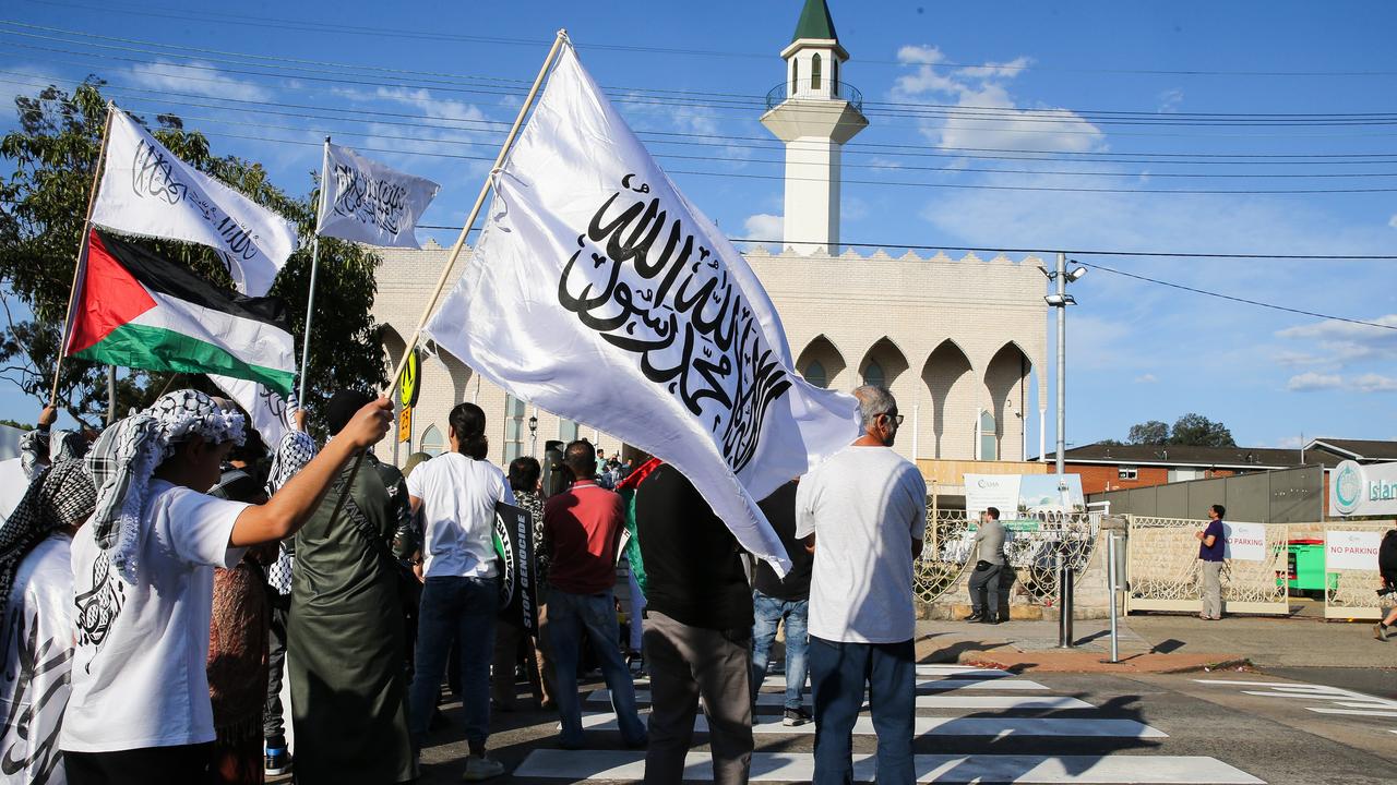 Hundreds of people gathered at Sydney’s Lakemba mosque to stand for Palestine and Lebanon on the anniversary of the October 7 attacks. Picture: NewsWire / Gaye Gerard