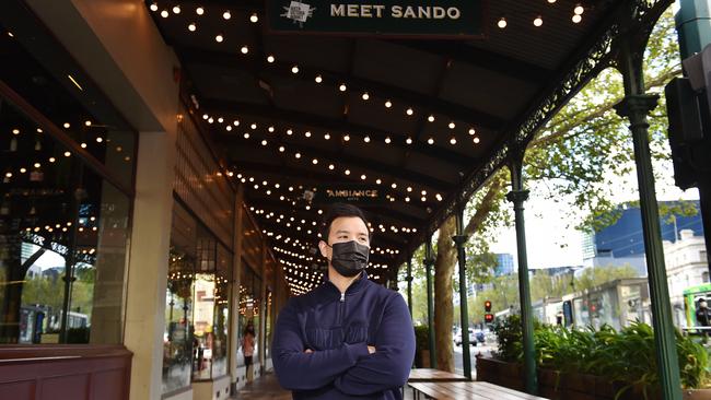 Meet Sando co-owner Alex Liu outside his struggling business in Melbourne. Picture Nicki Connolly