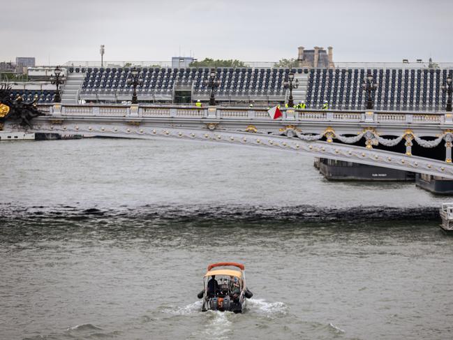 PARIS, FRANCE - 2024/06/19: View of the Alexandre III Bridge with the infrastructures for the Paris Olympic Games. With one month to go until the opening of the Paris Olympics, the installation of the sites where the competitions will take place isÂ gatheringÂ pace. (Photo by Telmo Pinto/SOPA Images/LightRocket via Getty Images)