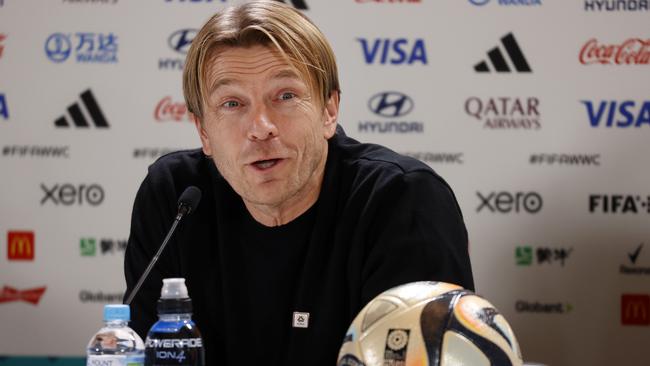 Matildas Head Coach Tony Gustavsson speaking during a press conference at Stadium Australia. Picture: Jonathan Ng