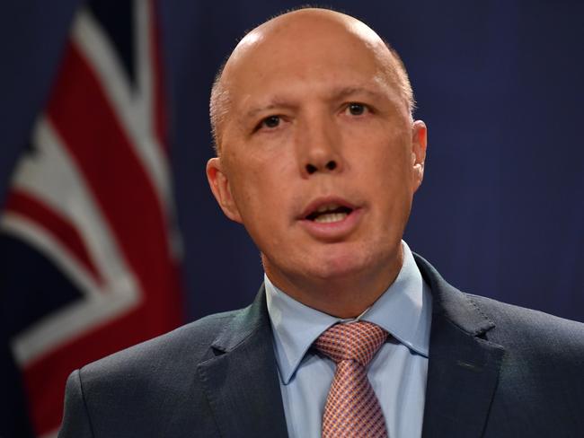 Minister for Home Affairs Peter Dutton speaks to the media during a press conference in Sydney, Thursday, June, 20, 2019. (AAP Image/Dean Lewins) NO ARCHIVING