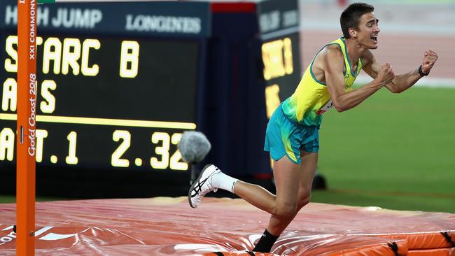 Brandon Starc of Australia celebrates after clearing 2.32m in the men’s high jump. Photo: Getty Images