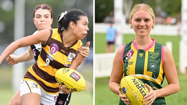 QAFLW players Louise Tyson (Aspley) and Kelsee Sills (Maroochydore). Pictures: Highflyer Images and Lyndon Mechielsen.