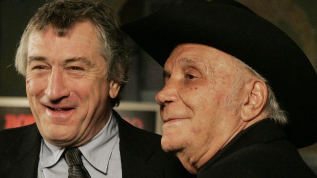 Boxer Jake LaMotta (right) has died aged 95. He is pictured with actor Robert DeNiro who portrayed him in the 1980 movie “Raging Bull”. Picture: AP Photo/Julie Jacobson