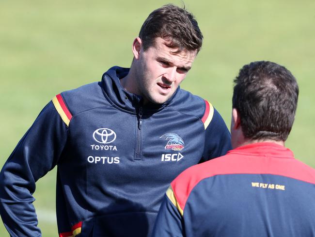 Crows Training - Monday, 10th August, 2020 - Training at West Lakes ahead of their Tuesday night clash against Collingwood. Brad Crouch talks to medical staff as he tries to overcome a hamstring injury Picture Sarah Reed