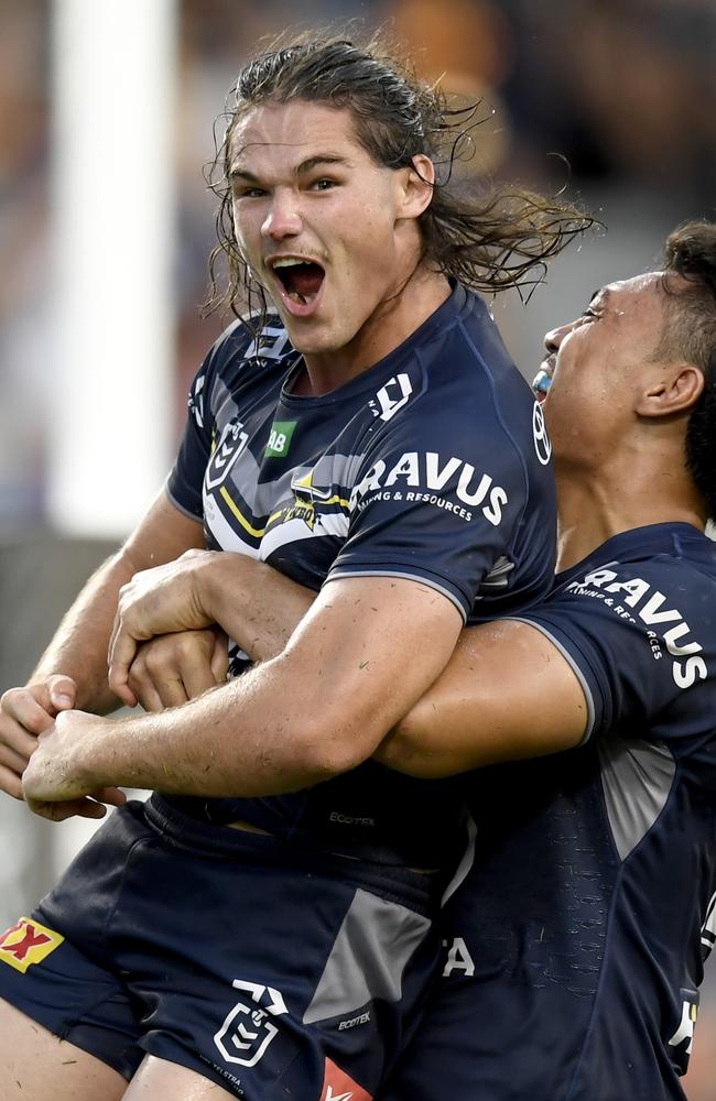 Tom Chester celebrates a try against the Gold Coast Titans. Photo – NRL Photos