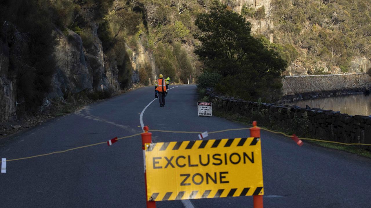 Removal of rock on the Tasman Highway near Orford. Picture ABC News Luke Bowden