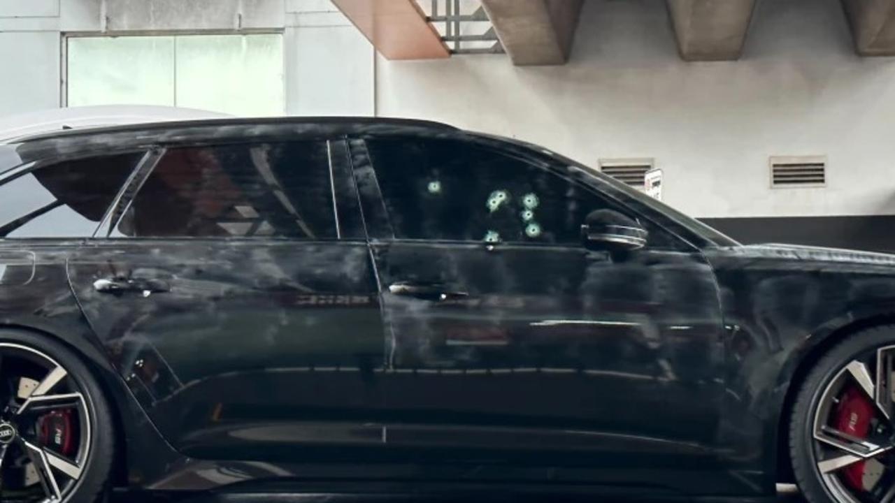 Moradian’s black Audi was peppered with seven bullets, an unknown number of them striking him fatally. Credit: Nine News