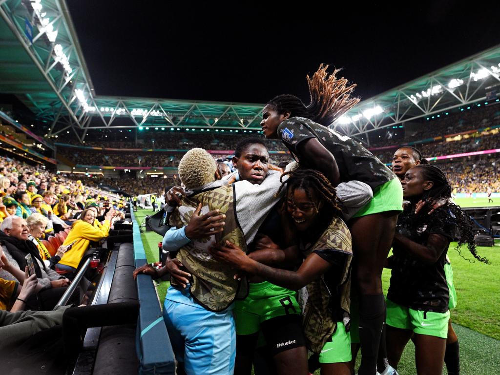 Asisat Oshoala of Nigeria celebrates with teammates in Brisbane. Picture: Justin Setterfield/Getty Images
