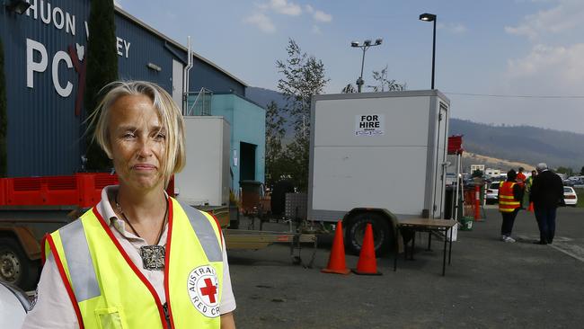 Julie Groome of the Australian Red Cross outside the evacuation centre at Huonville. Picture: MATT THOMPSON