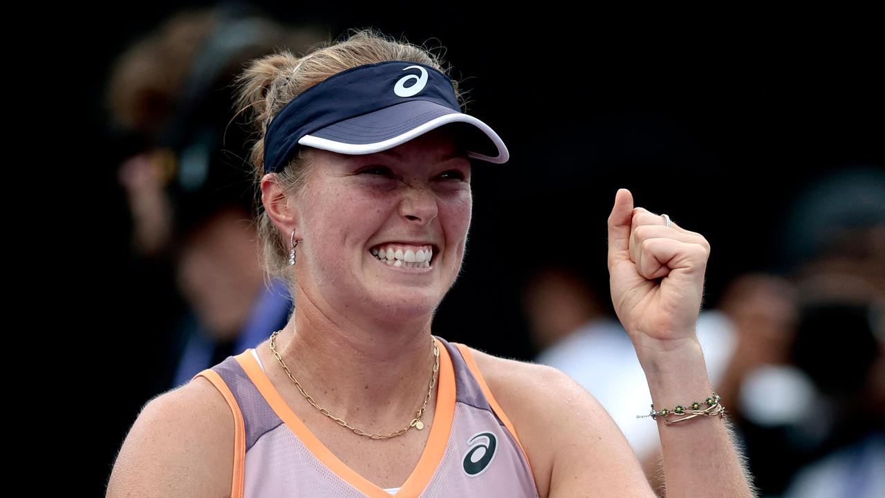 Australia's Olivia Gadecki reacts after beating Italy's Martina Trevisan in the women's singles match at the WTA Women's Singles Quarterfinals 2024 in Zapopan, Mexico, September 13, 2024. (Photo by ULISES RUIZ / AFP)