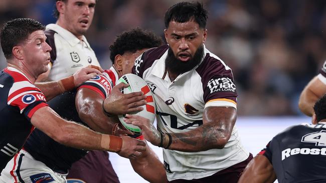 SYDNEY, AUSTRALIA - MARCH 06: PayneÃÂ Haas of the Broncos is tackled during the round one NRL match between Sydney Roosters and Brisbane Broncos at Allianz Stadium, on March 06, 2025, in Sydney, Australia. (Photo by Matt King/Getty Images)