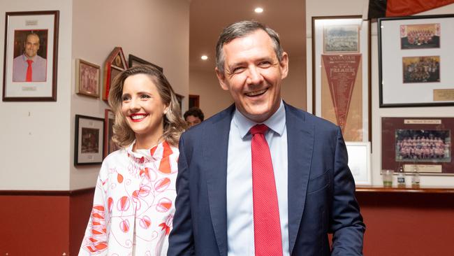 Chief Minister Michael Gunner and wife Kristy arrive at Labor HQ. Picture: Che Chorley