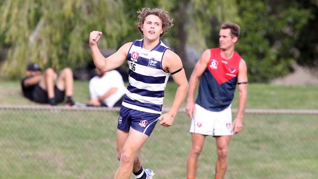 Round 6 QAFL game between Broadbeach and Surfers Paradise at Subaru Oval. Finn Brown celebrates after scoring a goal. 2 May 2021 Mermaid Waters Picture by Richard Gosling