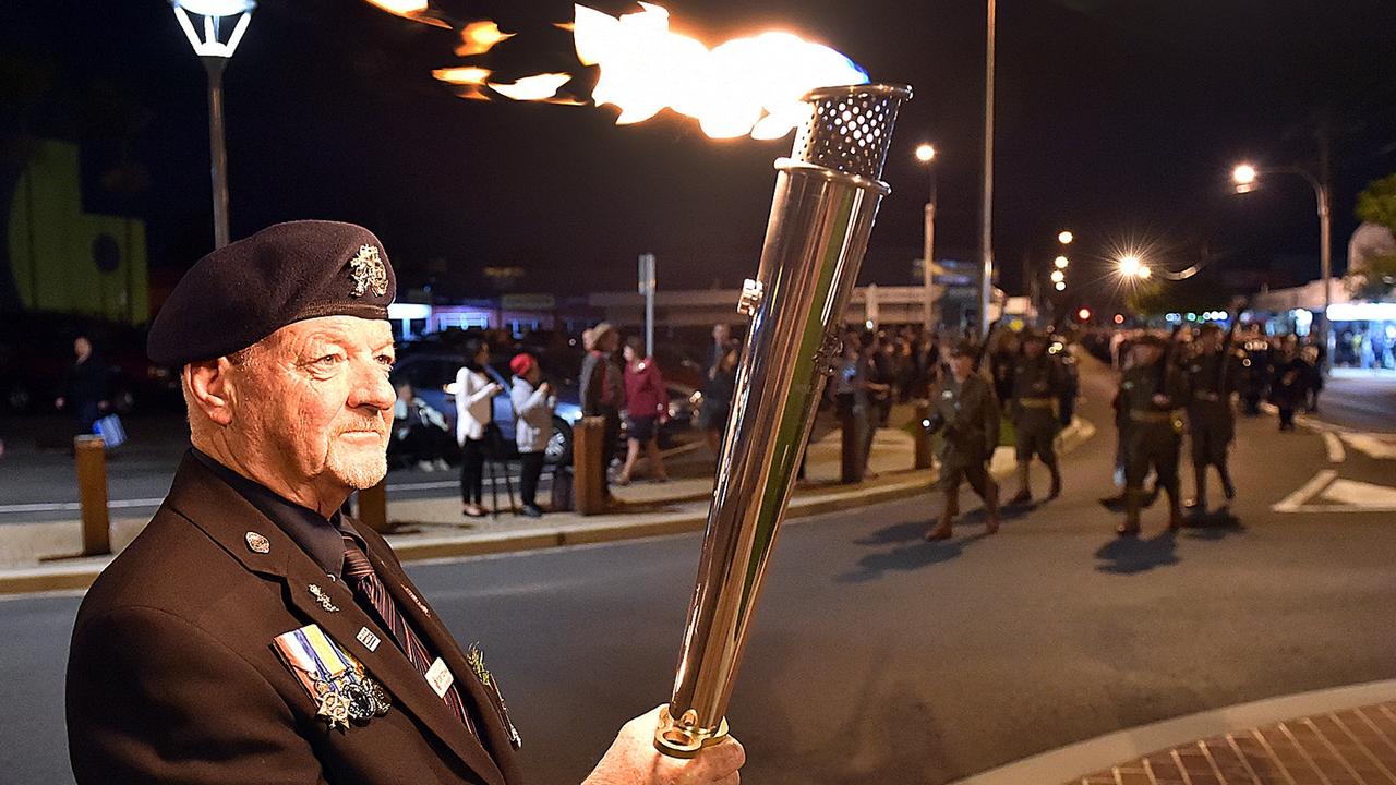 Anzac Day - Hervey Bay dawn service. RSL Sub-Branch Vice President Toby Tidyman with the ANZAC Flame ready to join the parade to Freedom Park.Photo: Alistair Brightman / Fraser Coast Chronicle