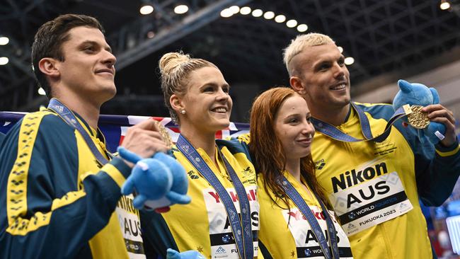 Australia’s gold medal winning mixed 4x100m freestyle relay team at the recent World Aquatics Championships in Japan. Picture: Philip FONG / AFP