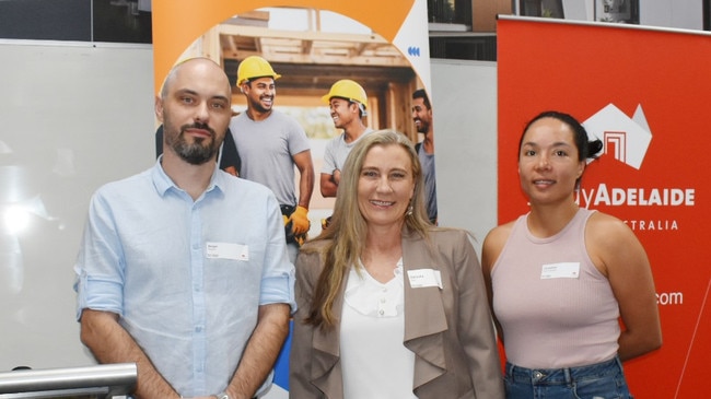 BuildConnect director Delinda Kalic with research studies student Sergei Shlykov and civil and structural engineering student Jaqueline Gaviria Agudelo.