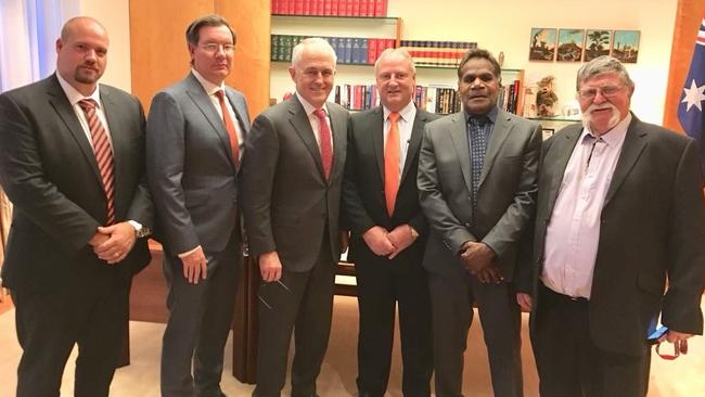 Ronald Plummer and Barkly MLA Steve Edgington meeting then Prime Minister Malcolm Turnbull in Canberra in 2018 to initiate the Barkly Regional Deal. Picture: Supplied