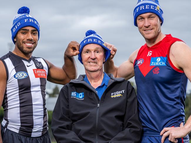 Neale Daniher is joined by Isaac Quaynor and Tom MCDONALD ahead of the Big Freeze game. Picture: Jake Nowakowski