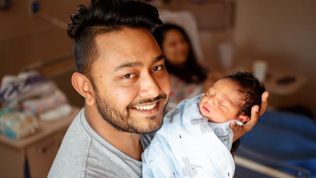 Raj Sarfarraz with his newborn son Zoraiz and wife Kashfee Ahmed at the Women's and Children's Hospital. Picture: MATT TURNER.