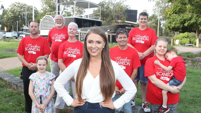 Labor Gaven candidate Meaghan Scanlon and a group of her "red army" volunteers. Photo: Richard Gosling