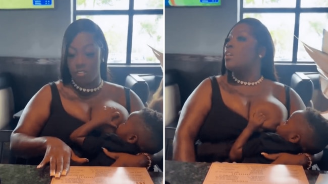 The mum has copped harsh backlash online after breastfeeding her child in public without a cover. Image: X/@Liberacrat
