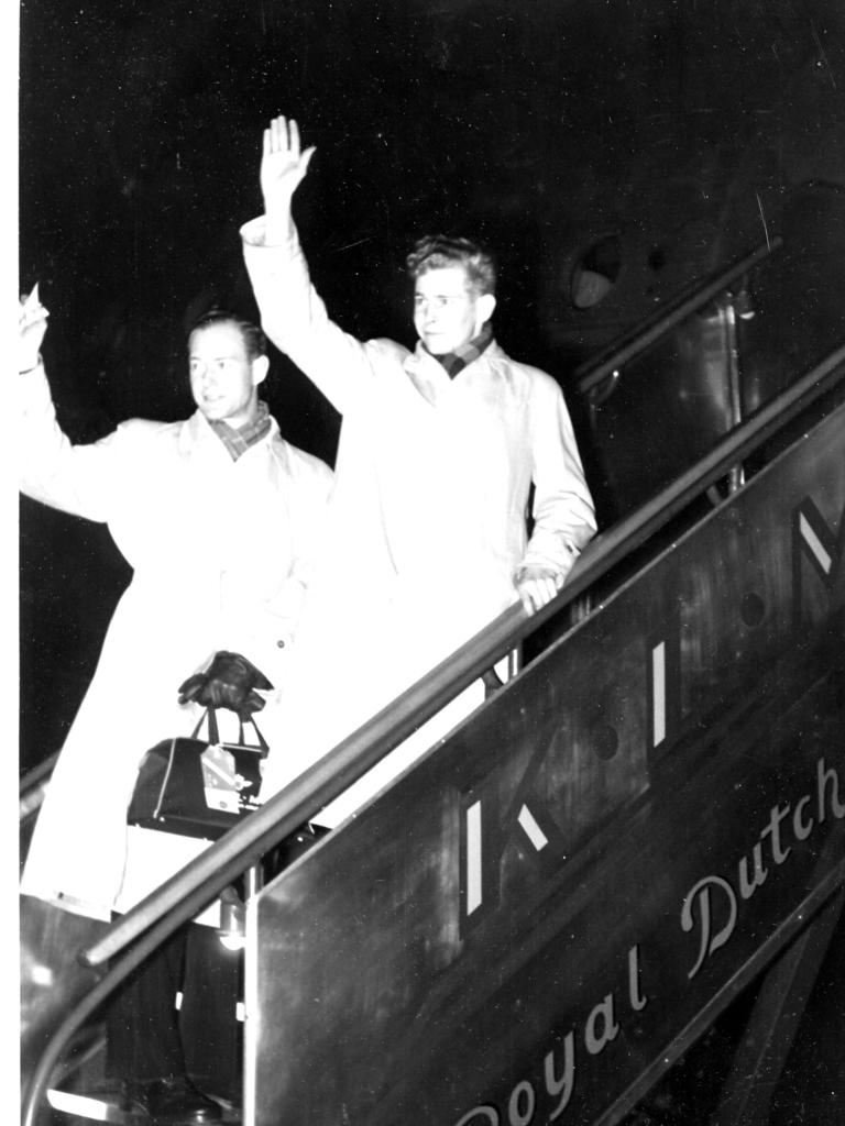 Picture of Jarrod Bleijie'sGrandad (on the right) boarding Royal Dutch Airlines in 1951 to Australia.