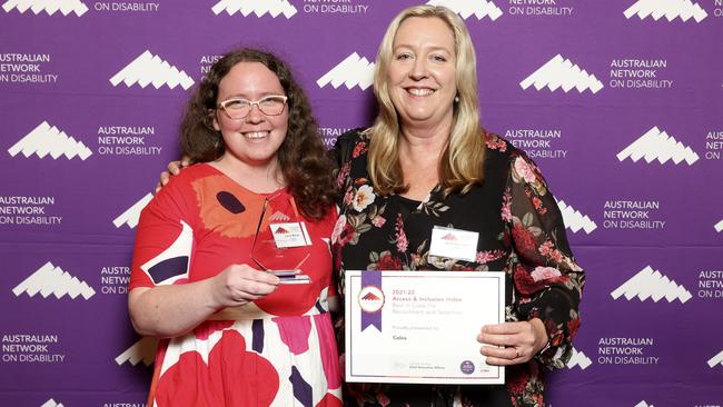 360Commercial - Coles: Towards a Better Future. Disability Confidence Awards. Senior digital accessibility analyst Laura Moller, left, and Inclusive Recruitment Specialist Anita Devereux during the Disability Confidence Awards Night on June 8th, 2022 in Melbourne,  Australia. Picture: Martin Keep/Coles