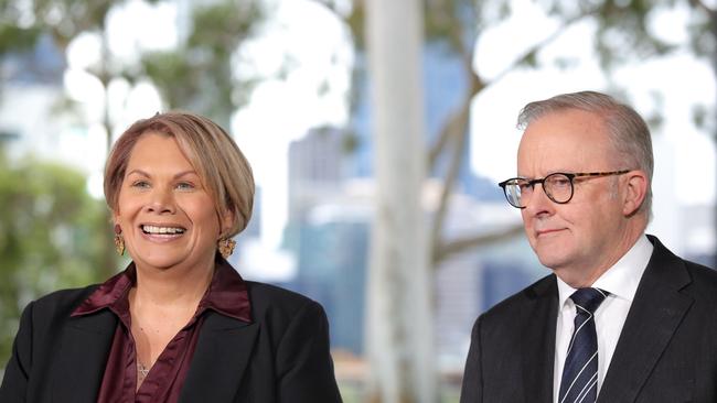 Prime Minister Albanese at a Press Conference announcing former Green’s Senator Dorinda Cox has joined the Labor Party. Picture: NewsWire/Philip Gostelow