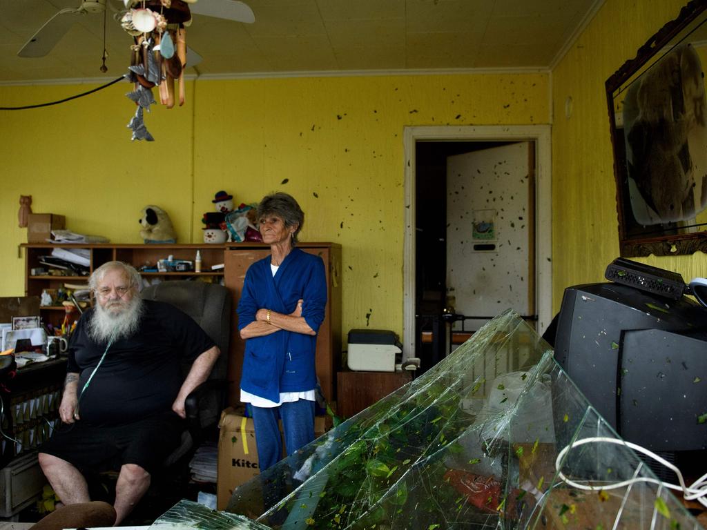 Charles Swaney, left, sits in a motel office after Hurricane Michael in Panama City, Florida. Picture: AFP