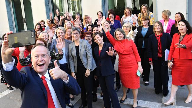 Labor, shown here showing off its sizeable number of female MPs, is using its better record on gender equality to wedge the government with this latest gender pay gap policy. Picture: Mick Tsikas/AAP