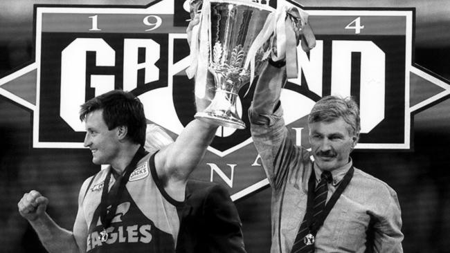 John Worsfold and Mick Malthouse lift the 1994 premiership cup. Picture: Graham Crouch