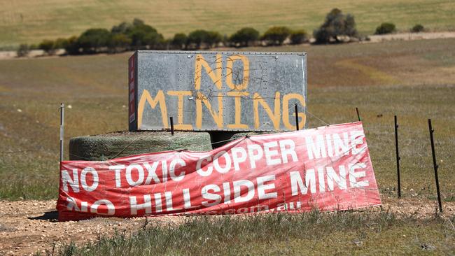 A sign protesting Rex Minerals’ plan for an open-cut mine south of Ardrossan. Picture: Tait Schmaal