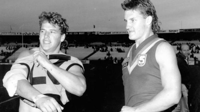 Allen Jakovich swaps jumpers with brother Glen Jakovich after a SA vs WA state match in 1990. Pic: Neon Martin