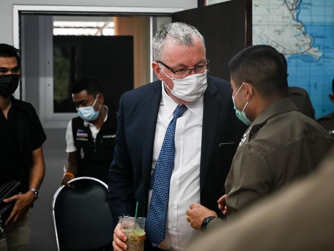 Australian Ambassador to Thailand Allan McKinnon attends a press conference at the Bophut Police Station. Picture: Sirachai Arunrugstichai/Getty Images