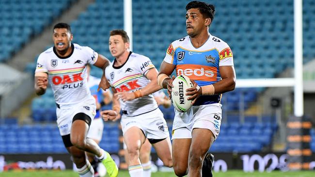 Gold Coast Titans centre Tyrone Peachey makes a line break against Penrith. Picture: Dave Hunt