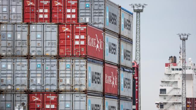 BREMERHAVEN, GERMANY - APRIL 22: Containers of Maersk and Hamburg Sued shipping lines are stacked at the container terminal of Bremerhaven port on April 22, 2025 in Bremerhaven, Germany. Industry and logistics are facing continued uncertainty over the tariffs policy of U.S. President Donald Trump. While Trump has imposed a 25% tariff on European cars and auto parts imports, he has also suggested he may rescind these tariffs in some form. He said too he expects to reach a 