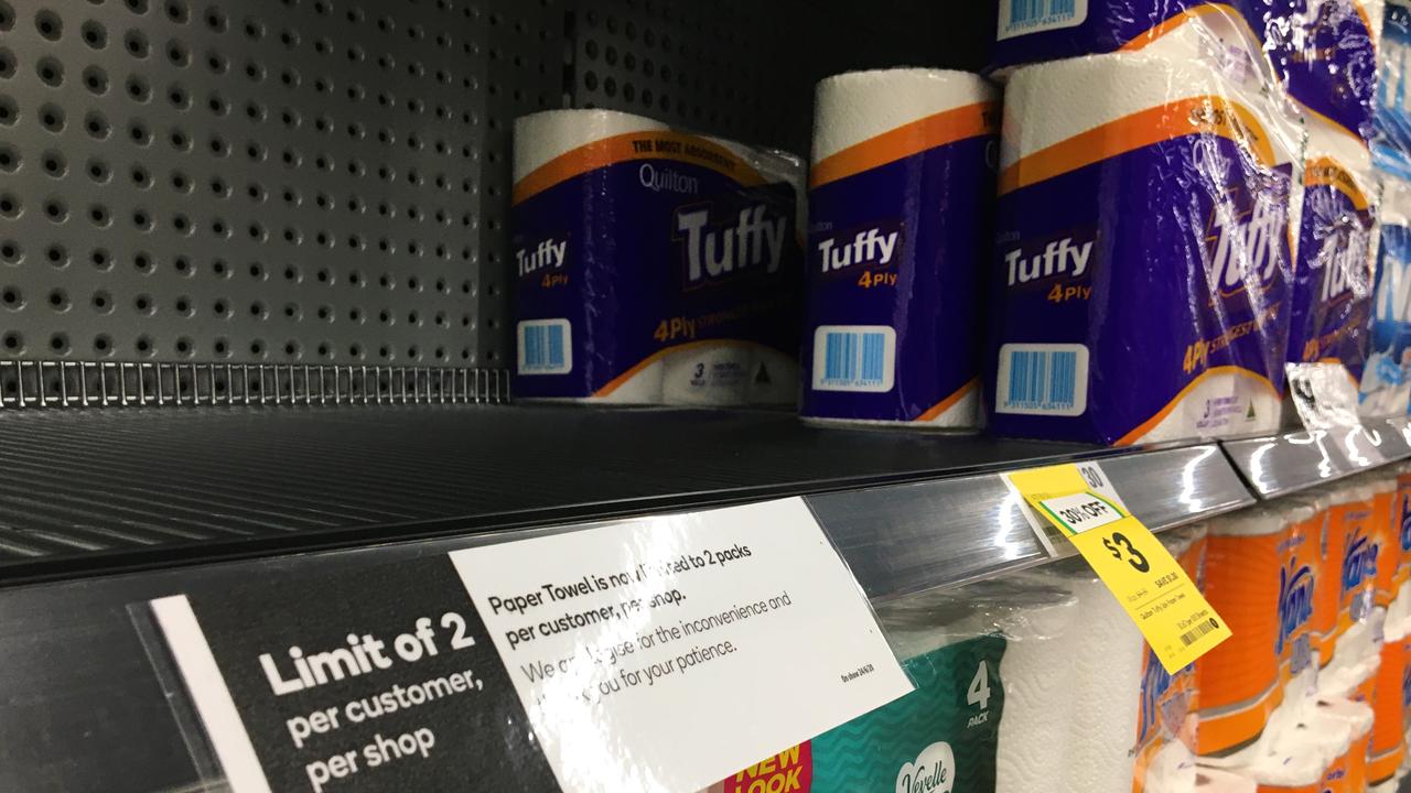 Signage for product limits on a shelf in a Woolworths supermarket in Melbourne. Picture: AAP