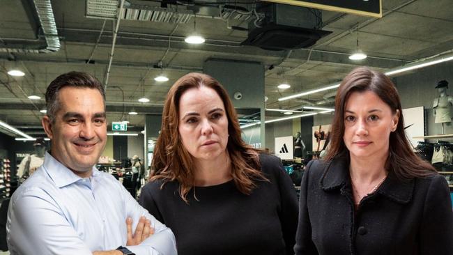 Super Retail Group CEO Anthony Heraghty (L) and former executives and whistleblowers Rebecca Farrell (C) and Amelia Berczelly (R). Digital image.