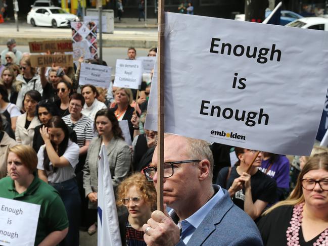 Rally on the steps of Parliament House to raise awareness for Domestic Violence deaths, after 4 women were found dead in the last week, and calling for a Royal Commission. 24 November 2023. Picture Dean Martin