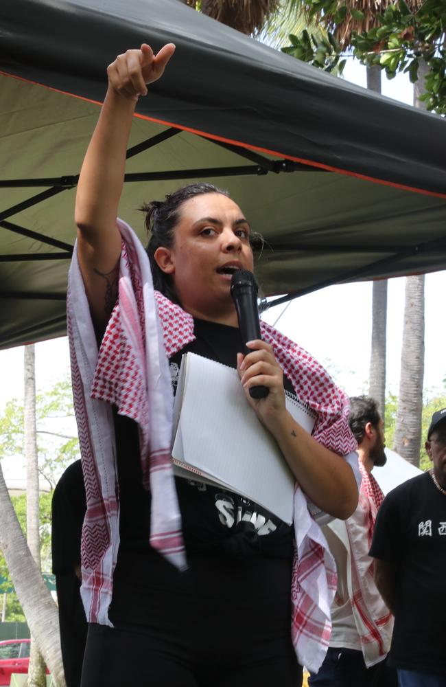 Uprising of the People chief executive Mililma May spoke at the Top End Invasion Day protest before marching from Civic Park through Darwin on Friday, January 26. Picture: Zizi Averill