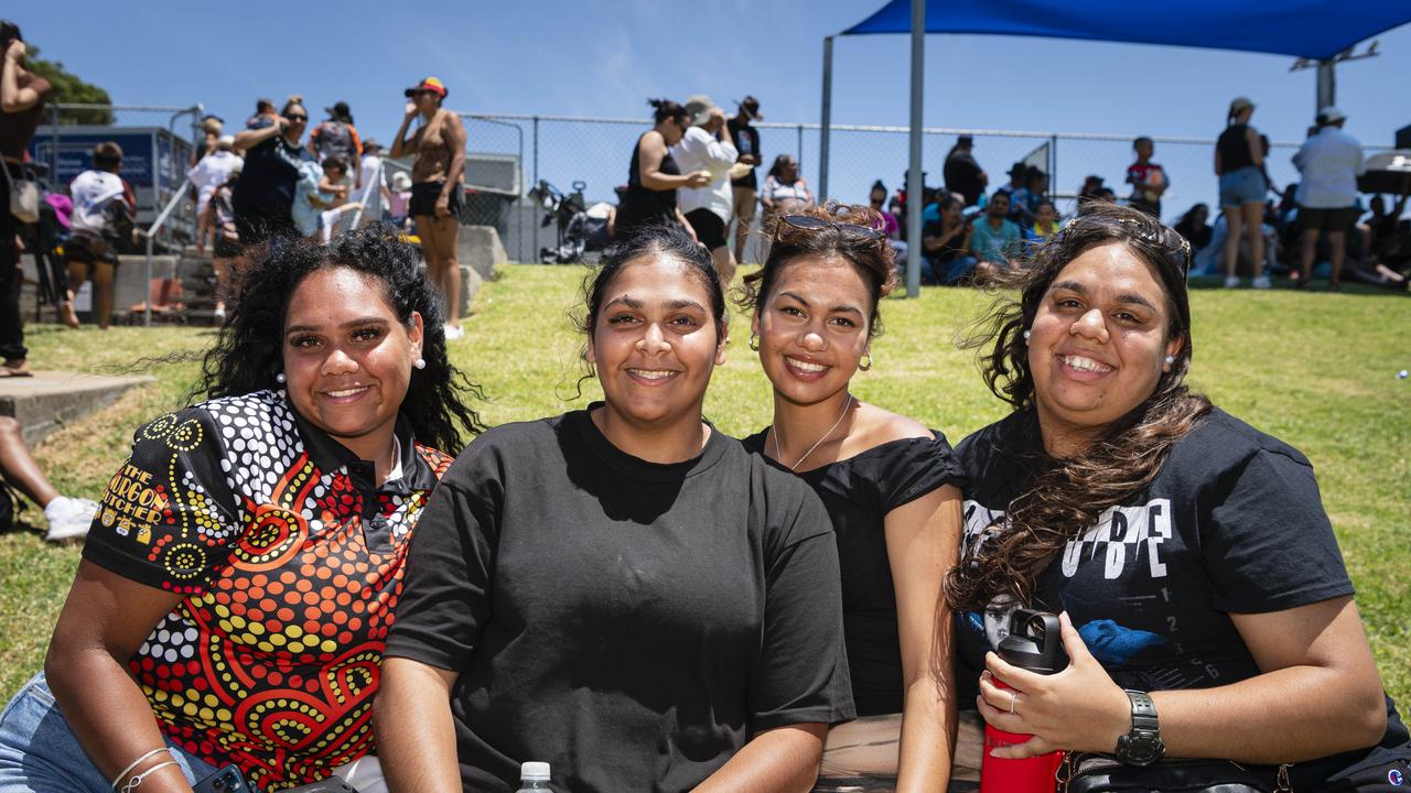 Backing the Cherbourg Hornets are (from left) Alira Gyemore, Sam Cobbo, Mia Sandow and Janelle O'Chin at the Warriors Reconciliation Carnival at Jack Martin Centre, Saturday, January 25, 2025. Picture: Kevin Farmer