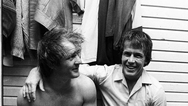 New South Wales halfback Tommy Raudonikis (left) and his Queensland rival Greg Oliphant share a beer after the first State of Origin match in 1980. Picture by Geoff McLachlan.