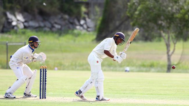 Action from the match between Brisbane State High School and Nudgee College. NC's Aaron Joby bats. Picture: Tertius Pickard