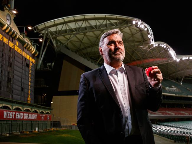 14/11/2019 SACA chief executive Keith Bradshaw with the pink cricket ball for day/night Test cricket at Adelaide Oval. Picture MATT TURNER.