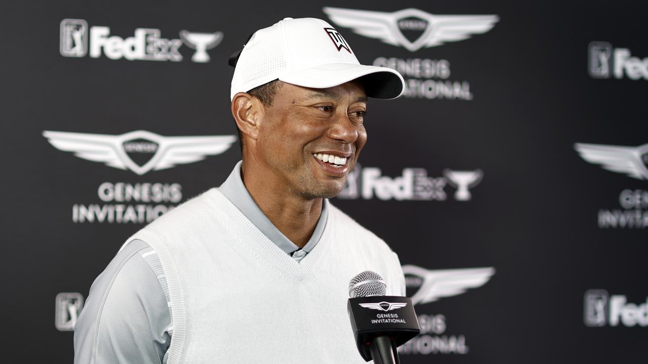 Tiger Woods of the United States speaks with the media after his round. Picture: Michael Owens