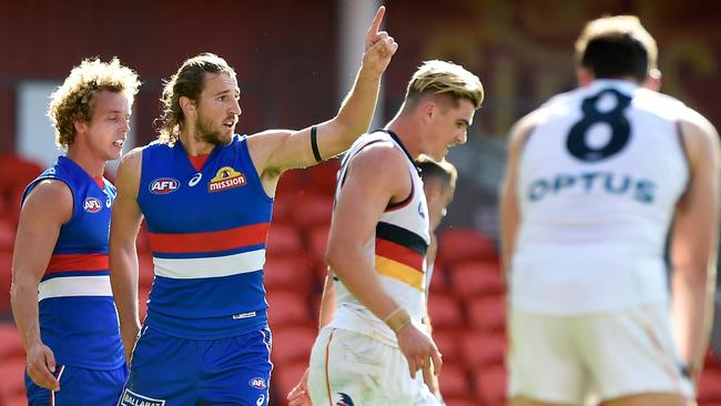 Marcus Bontempelli celebrates kicking a goal against Adelaide. Picture: Matt Roberts/Getty