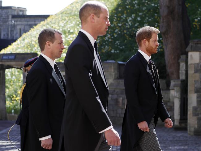 Peter Phillips, Prince William, Duke of Cambridge and Prince Harry, Duke of Sussex during the Ceremonial Procession. Picture: Alastair Grant/WPA Pool/Getty Images