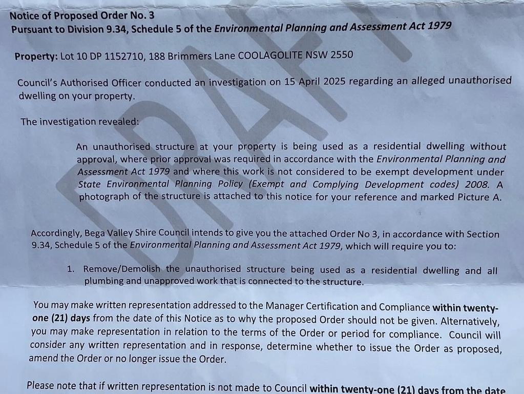 Bega Valley Shire Council sent him a draft order last month stating the home needs to be ‘removed or demolished’. Picture: Facebook/Manu Bohn