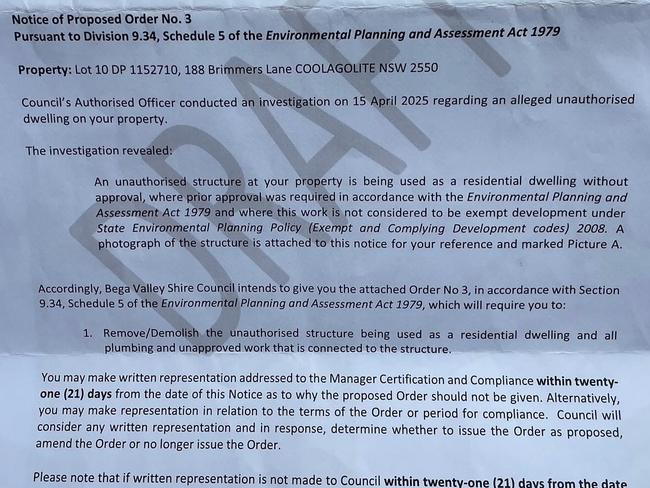 Bega Valley Shire Council sent him a draft order last month stating the home needs to be ‘removed or demolished’. Picture: Facebook/Manu Bohn